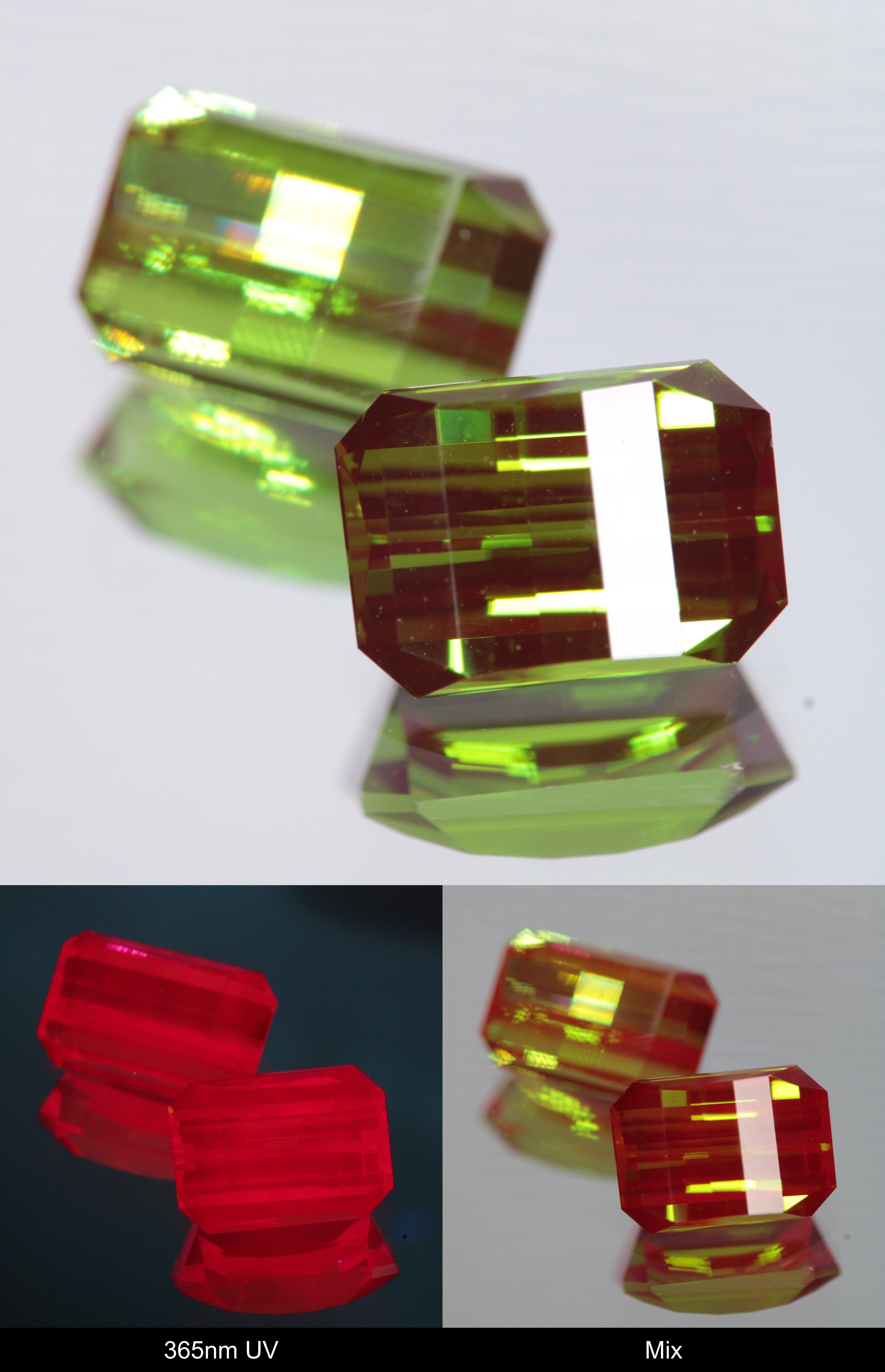 Green and Red Faceted Pixel Cut Christmas Garnet Gemstone shown under UV and Visible Light