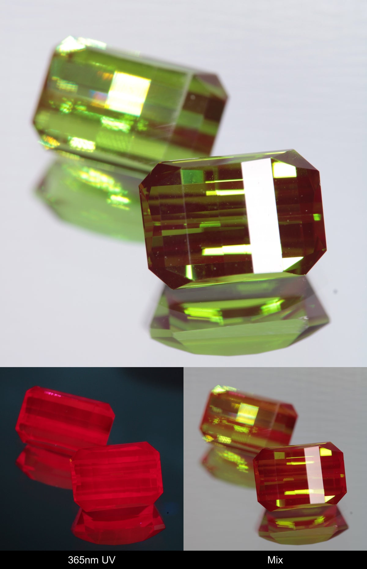 Green and Red Faceted Pixel Cut Christmas Garnet Gemstone shown under UV and Visible Light