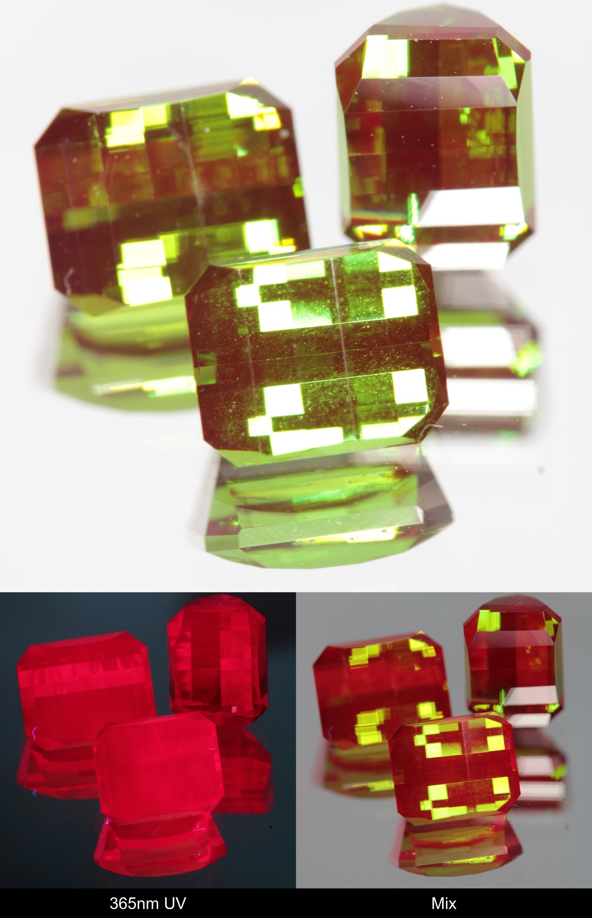 Green and Red Faceted Pixel Cut Christmas Garnet Gemstone shown under UV and Visible Light