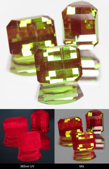 Green and Red Faceted Pixel Cut Christmas Garnet Gemstone shown under UV and Visible Light