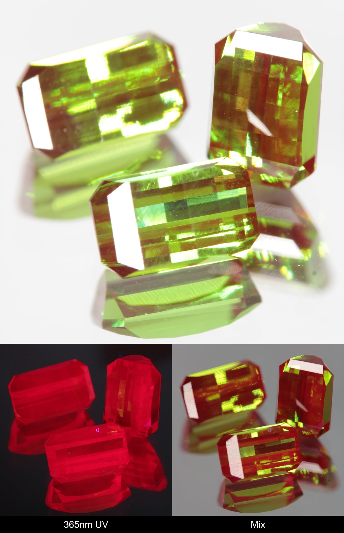 Green and Red Faceted Pixel Cut Christmas Garnet Gemstone shown under UV and Visible Light