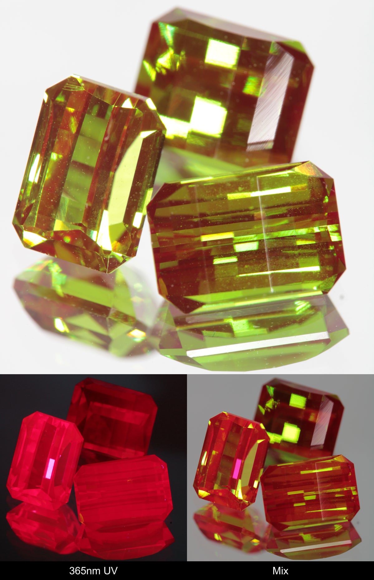 Green and Red Faceted Pixel Cut Christmas Garnet Gemstone shown under UV and Visible Light