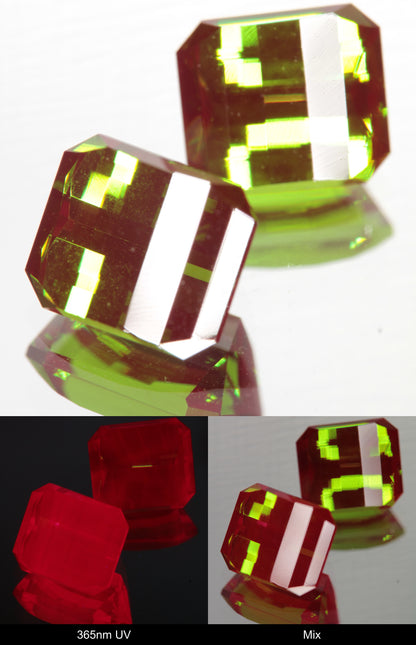 Green and Red Faceted Pixel Cut Christmas Garnet Gemstone shown under UV and Visible Light