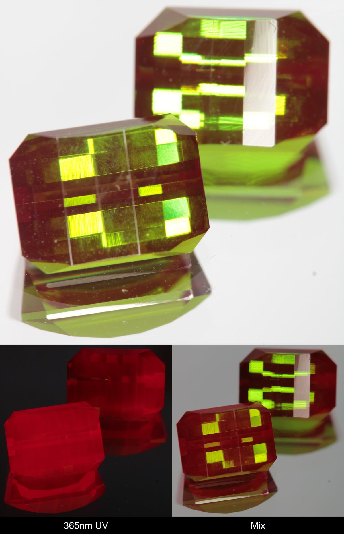Green and Red Faceted Pixel Cut Christmas Garnet Gemstone shown under UV and Visible Light