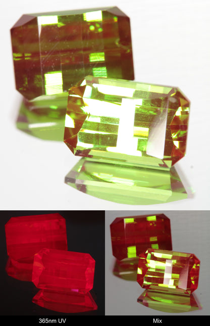 Green and Red Faceted Pixel Cut Christmas Garnet Gemstone shown under UV and Visible Light