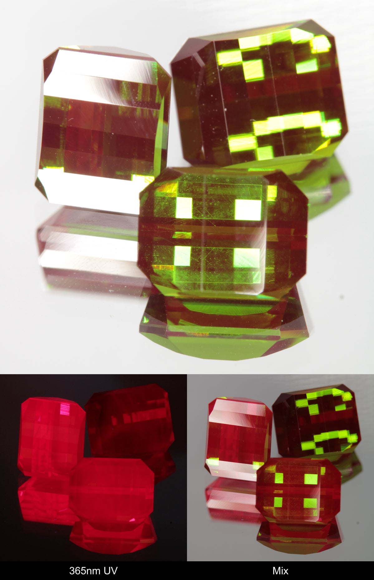 Green and Red Faceted Pixel Cut Christmas Garnet Gemstone shown under UV and Visible Light