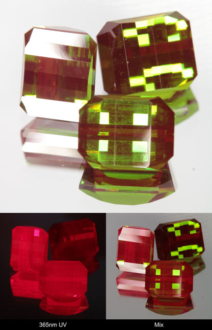 Green and Red Faceted Pixel Cut Christmas Garnet Gemstone shown under UV and Visible Light