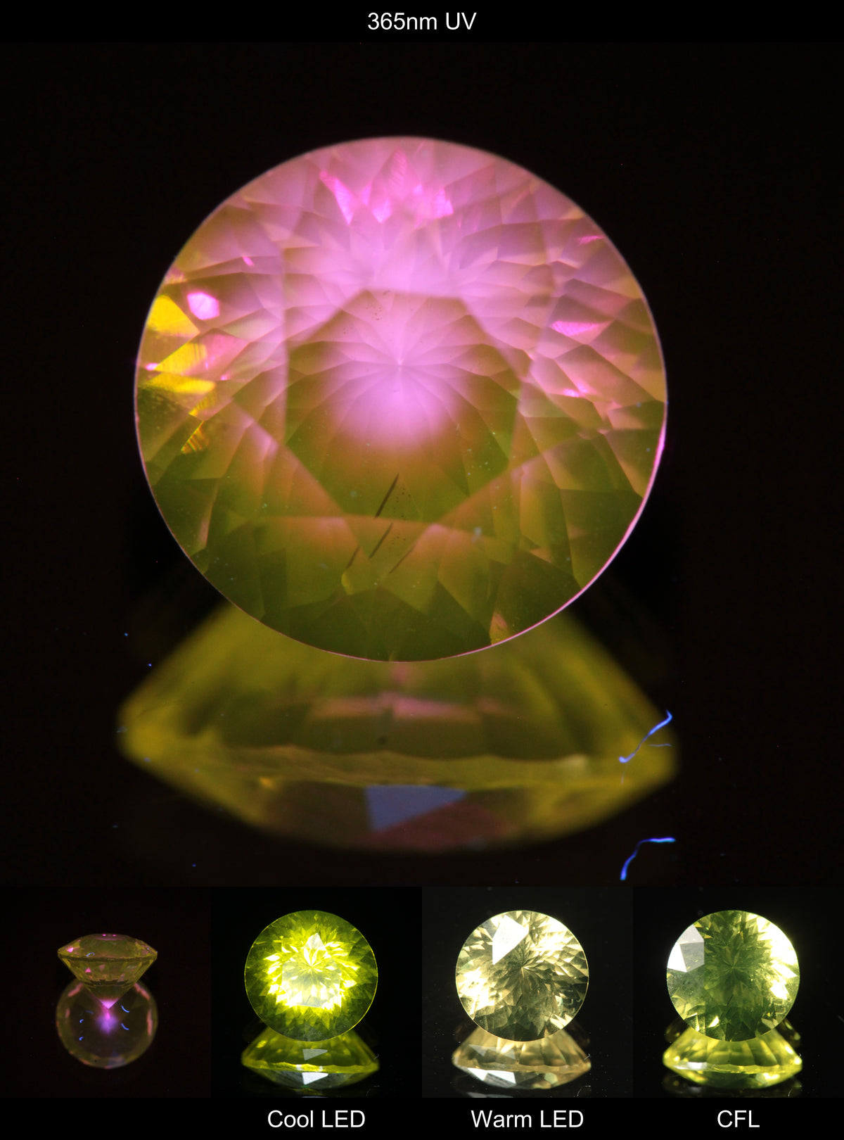 Faceted Yellow Ce/Nd YAG Bullseye Round Gemstone with a spot of Pink Fluorescence at the culet of the Yellow Crystal