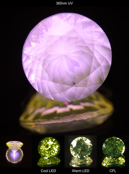 Faceted Yellow Ce/Nd YAG Bullseye Round Gemstone with a spot of Pink Fluorescence at the culet of the Yellow Crystal