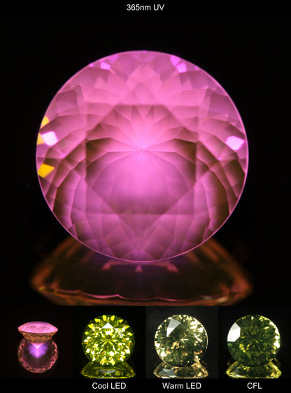 Faceted Yellow Ce/Nd YAG Bullseye Round Gemstone with a spot of Pink Fluorescence at the culet of the Yellow Crystal