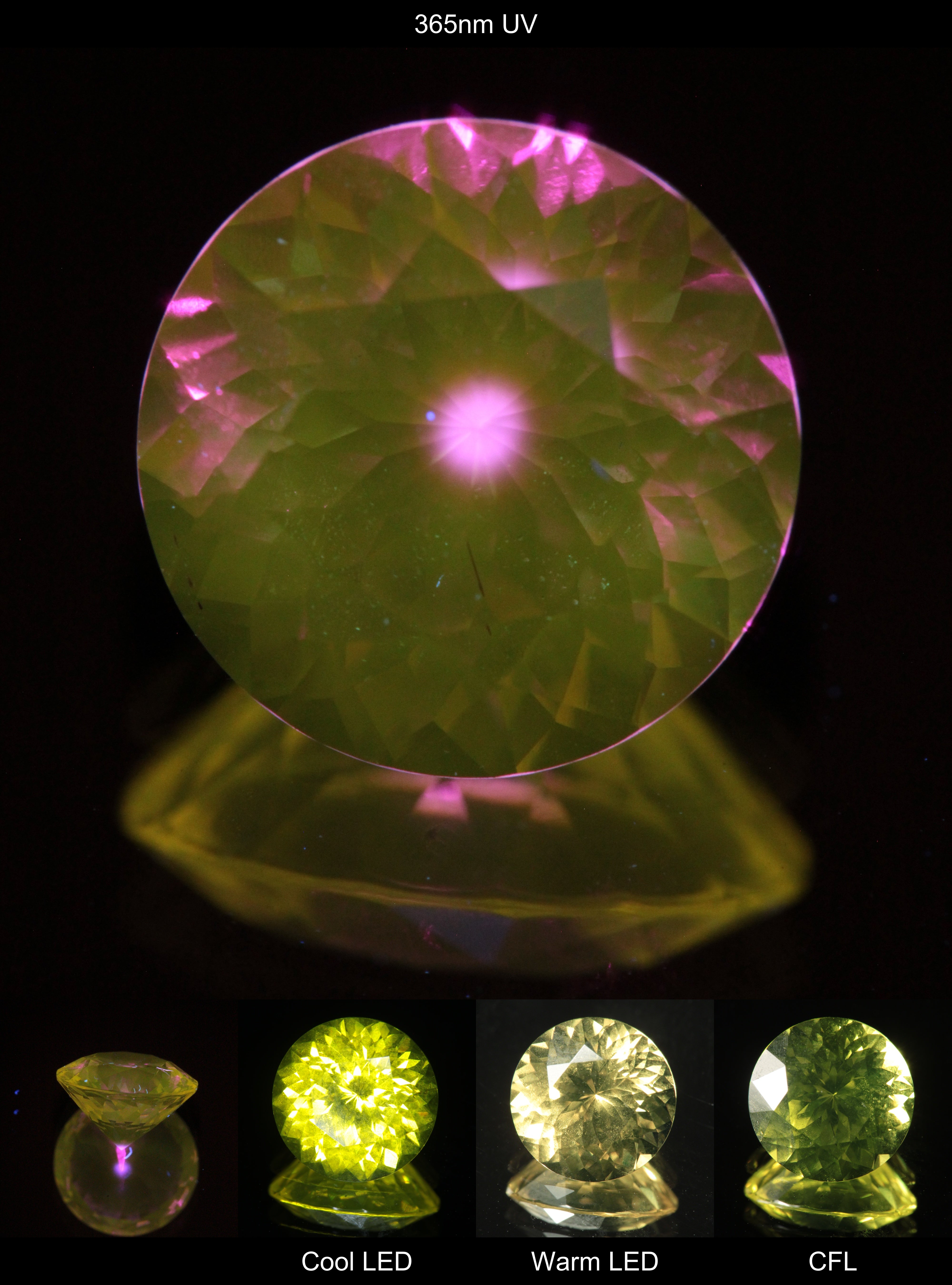 Faceted Yellow Ce/Nd YAG Bullseye Round Gemstone with a spot of Pink Fluorescence at the culet of the Yellow Crystal