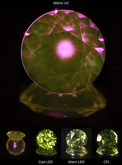Faceted Yellow Ce/Nd YAG Bullseye Round Gemstone with a spot of Pink Fluorescence at the culet of the Yellow Crystal