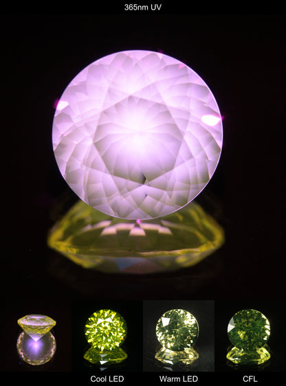 Faceted Yellow Ce/Nd YAG Bullseye Round Gemstone with a spot of Pink Fluorescence at the culet of the Yellow Crystal