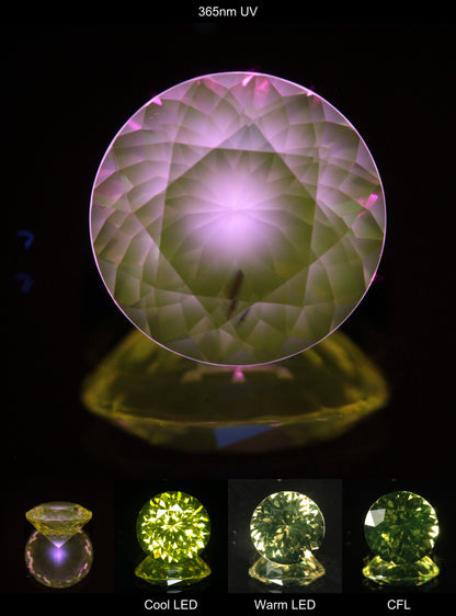Faceted Yellow Ce/Nd YAG Bullseye Round Gemstone with a spot of Pink Fluorescence at the culet of the Yellow Crystal
