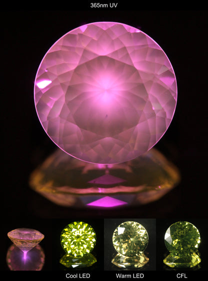 Faceted Yellow Ce/Nd YAG Bullseye Round Gemstone with a spot of Pink Fluorescence at the culet of the Yellow Crystal