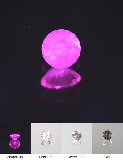 Faceted Violet Nd/Ce YAG Bullseye Round Gemstone with a spot of Pink Fluorescence at the Culet