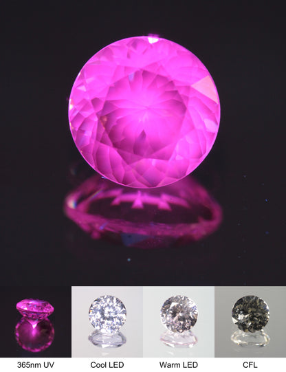 Faceted Violet Nd/Ce YAG Bullseye Round Gemstone with a spot of Pink Fluorescence at the Culet