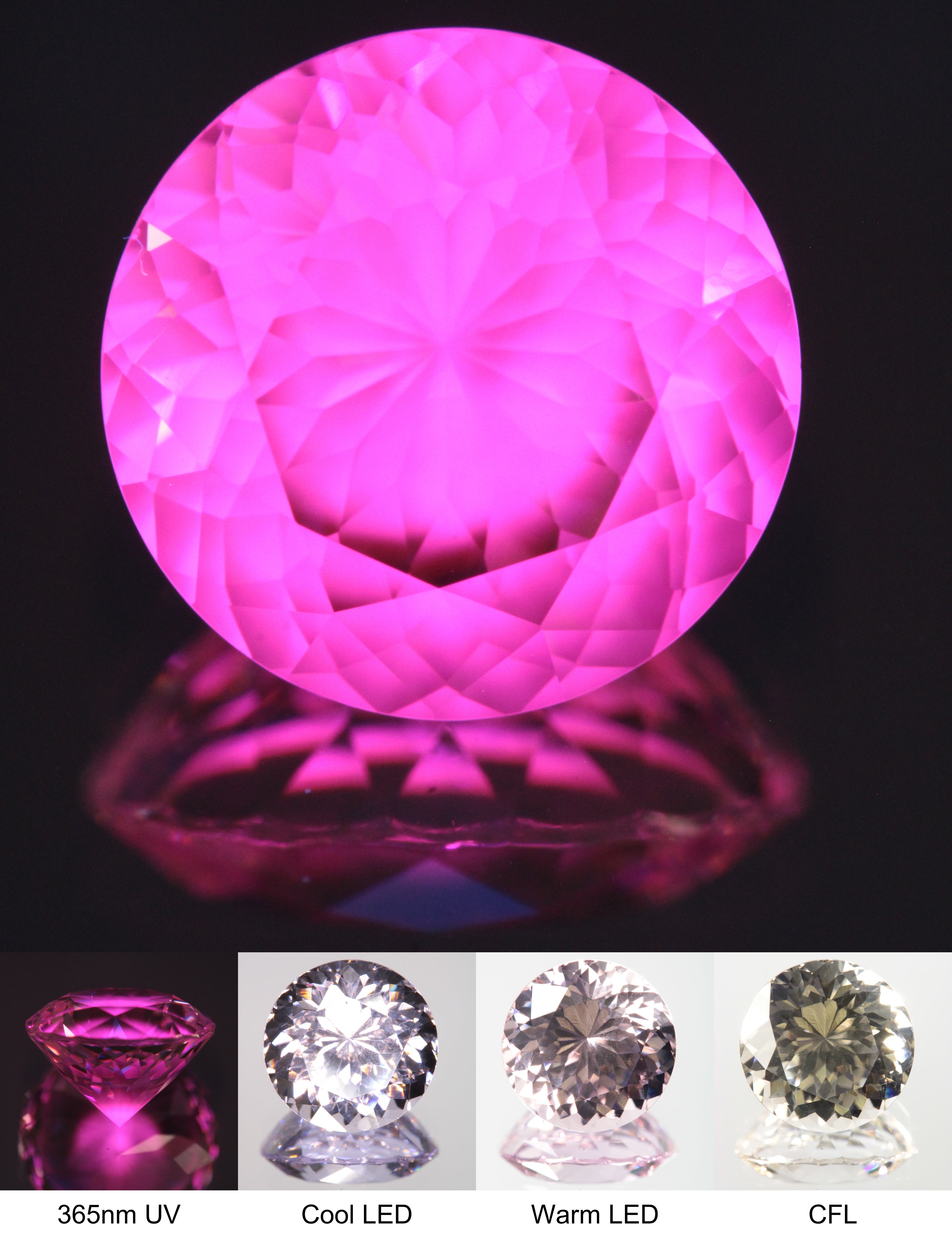 Faceted Violet Nd/Ce YAG Bullseye Round Gemstone with a spot of Pink Fluorescence at the Culet