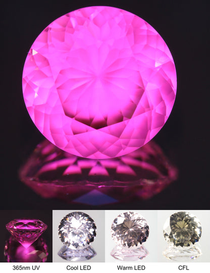 Faceted Violet Nd/Ce YAG Bullseye Round Gemstone with a spot of Pink Fluorescence at the Culet