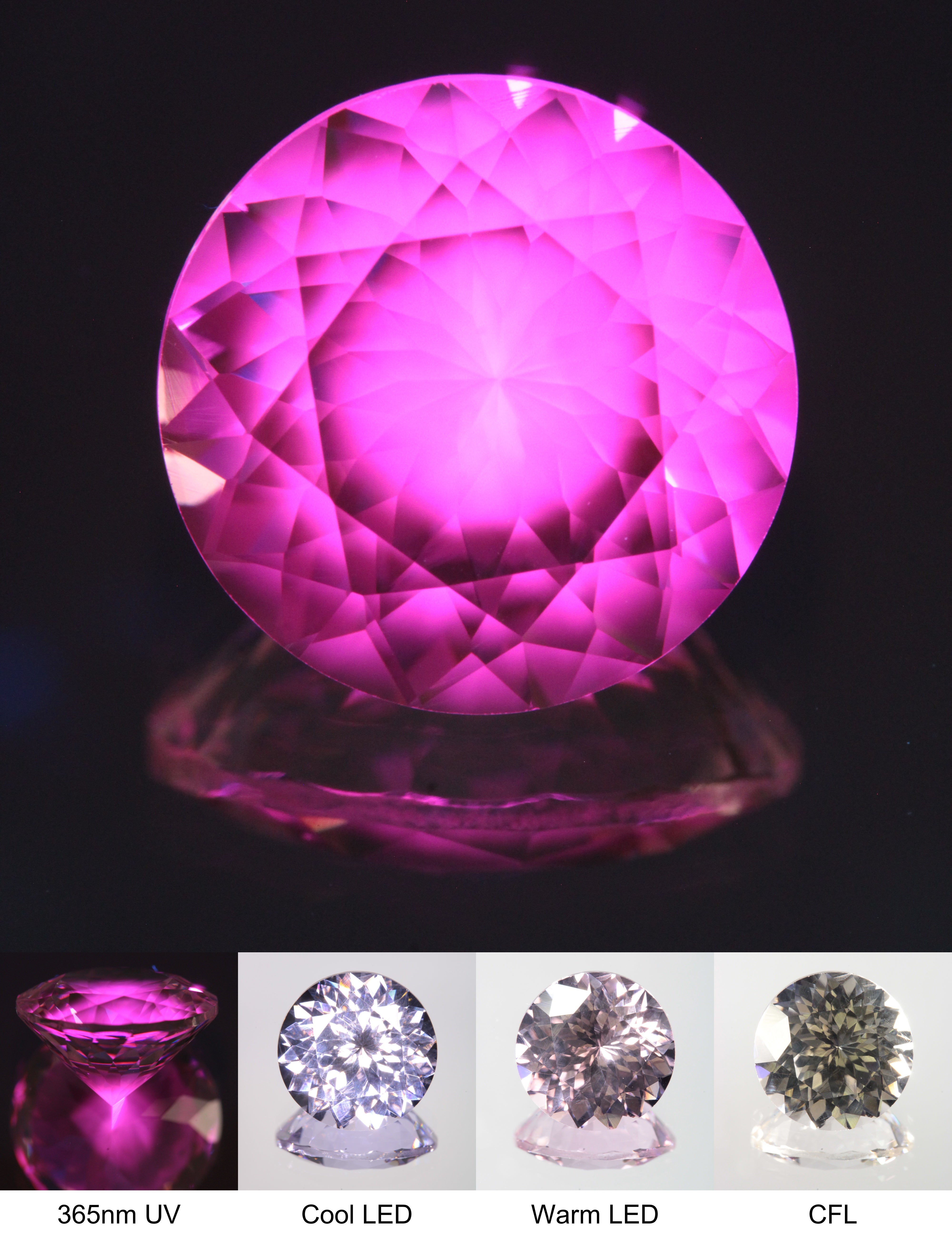 Faceted Violet Nd/Ce YAG Bullseye Round Gemstone with a spot of Pink Fluorescence at the Culet