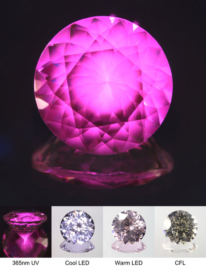 Faceted Violet Nd/Ce YAG Bullseye Round Gemstone with a spot of Pink Fluorescence at the Culet