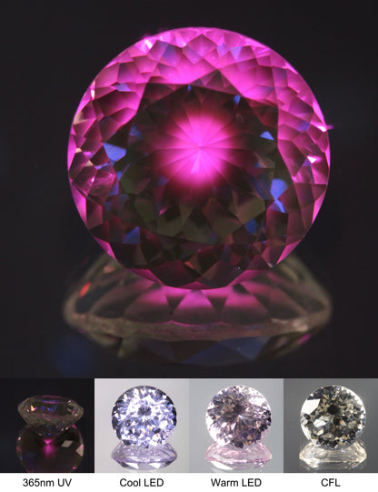 Faceted Violet Nd/Ce YAG Bullseye Round Gemstone with a spot of Pink Fluorescence at the Culet