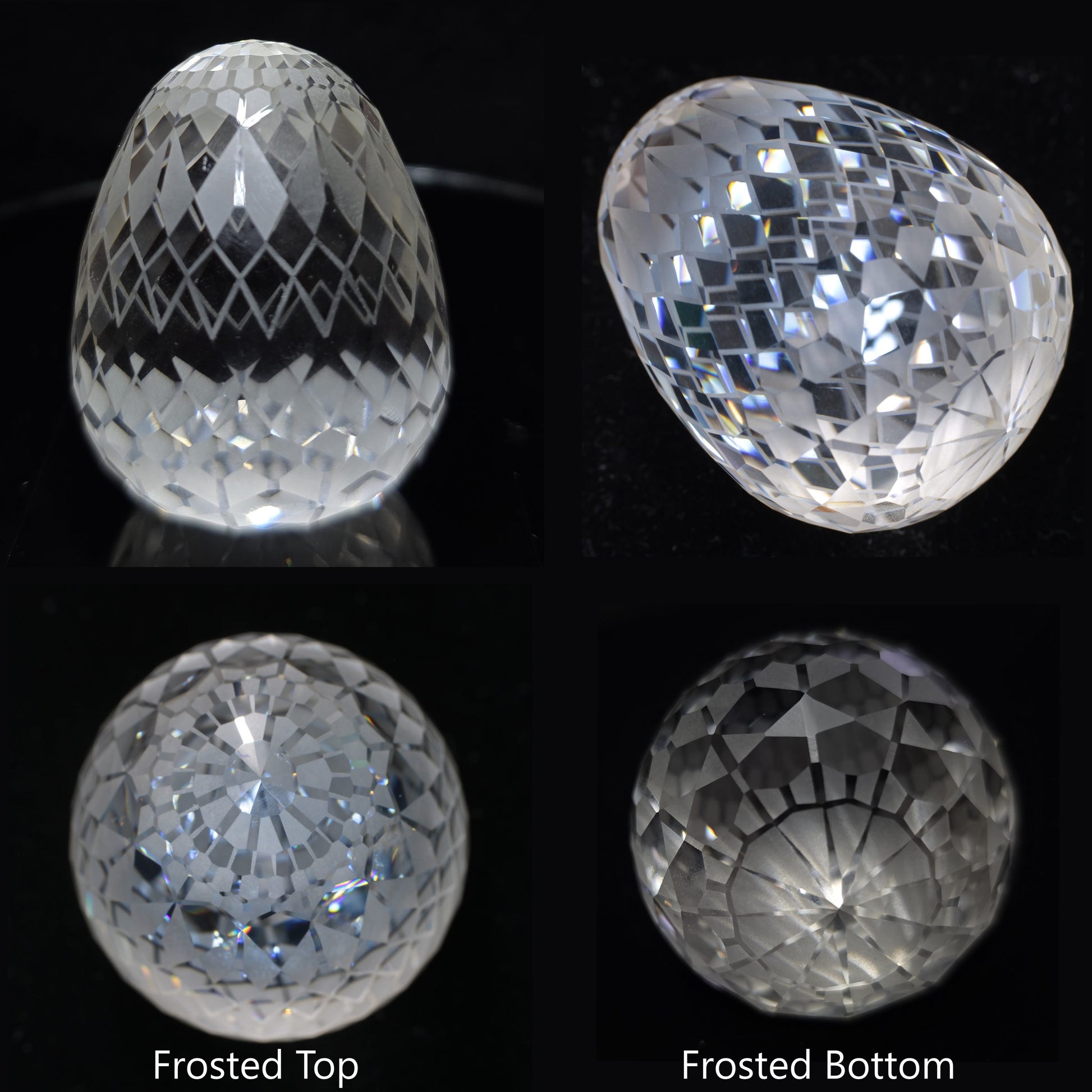 A giant white sapphire faceted gem egg seen from four different angles