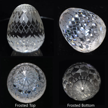 A giant white sapphire faceted gem egg seen from four different angles