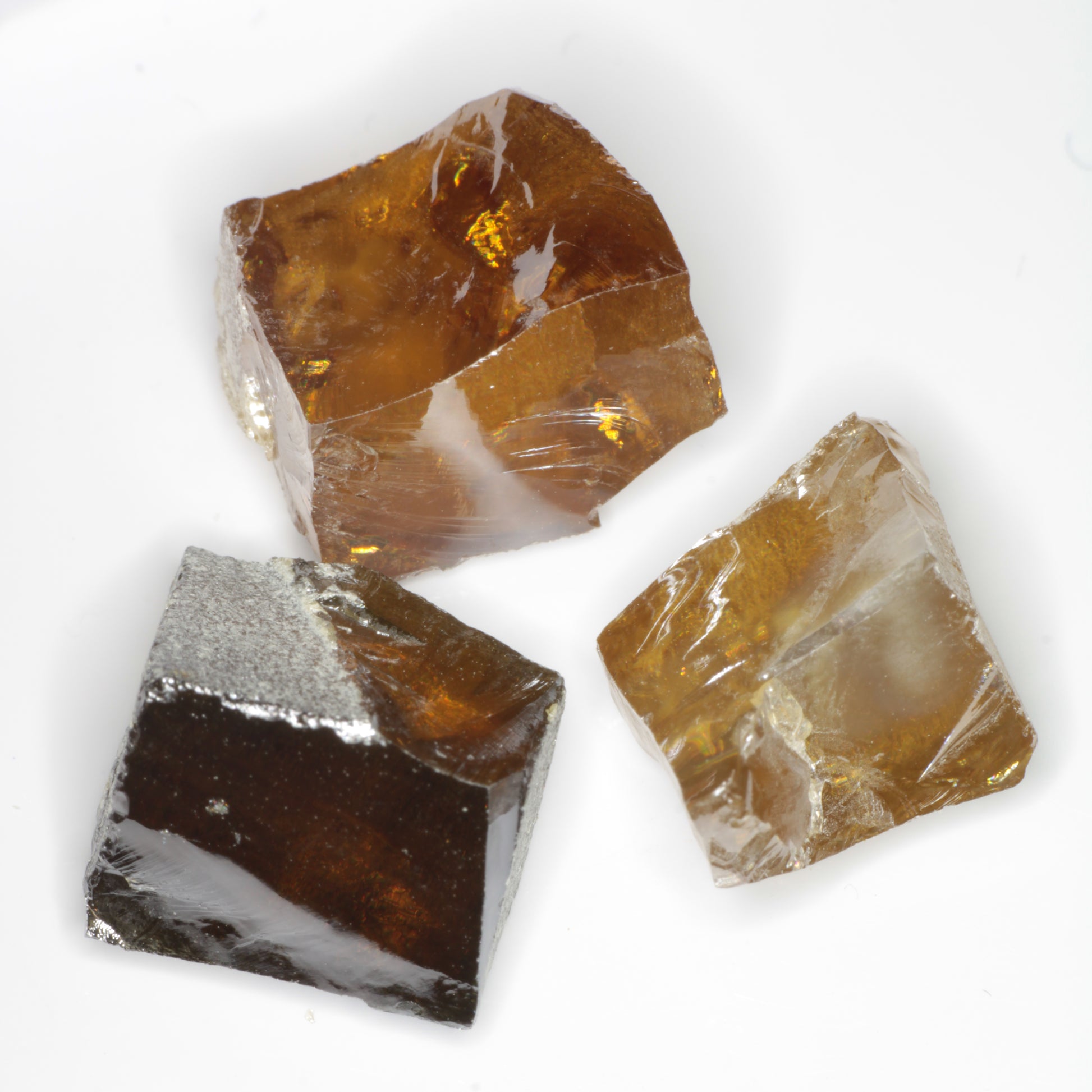 Honey Rutile Gem Rough, 3 Pieces on a white background showing the golden color.