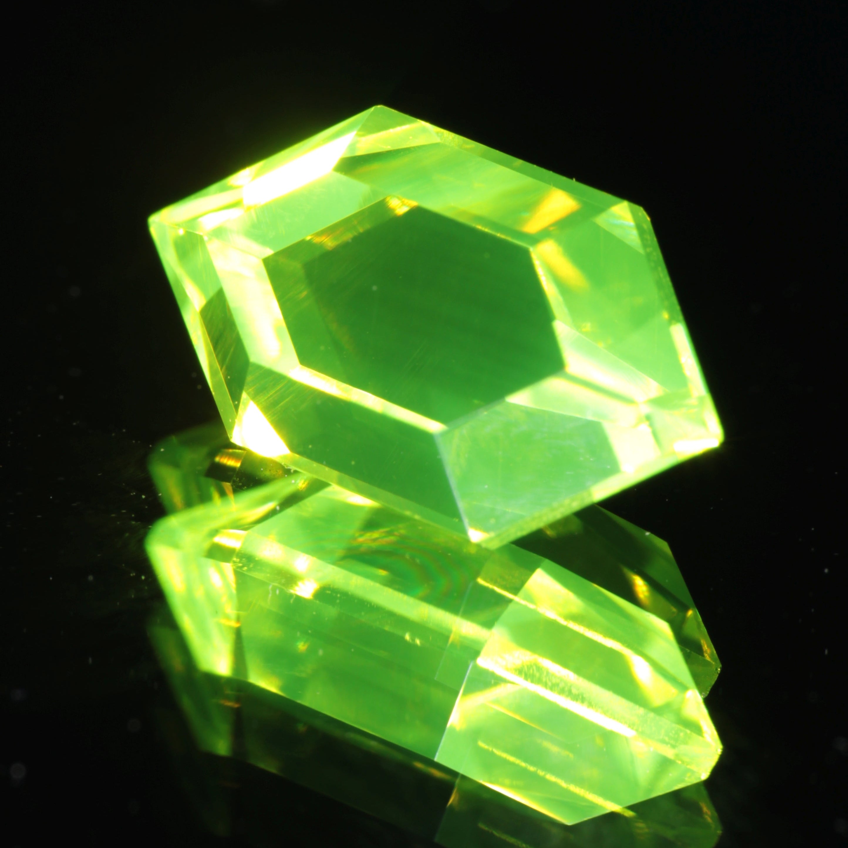 LuAG Faceted Gemstone, bright green Retrohex video game gemstone design