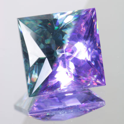 Lab Wakefieldite Gemstone, shown under two different lights to demonstrate the color change from blue to purple