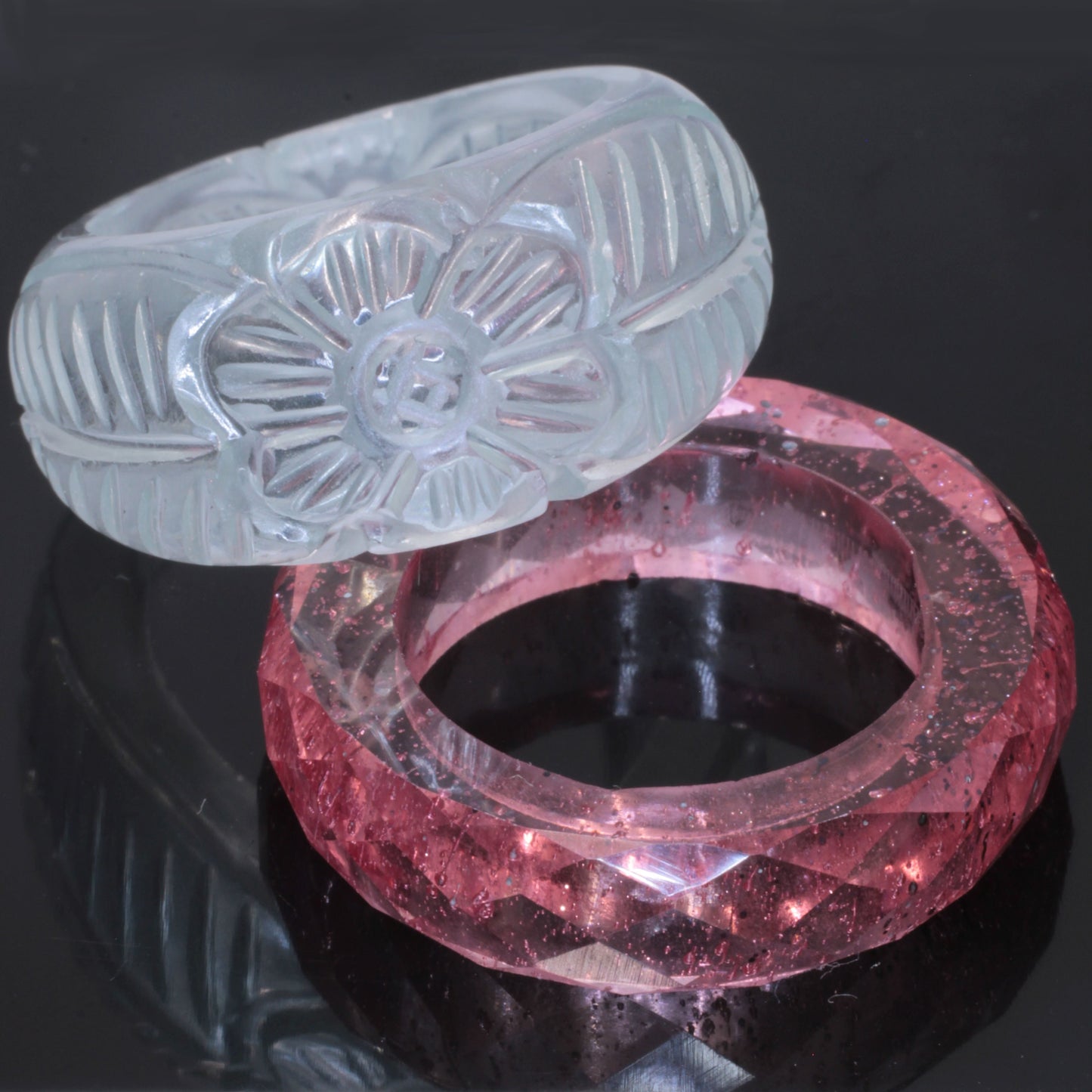 Literal Gemstone Rings, Pink Faceted Titanium Sapphire and Blue Floral Yb:YAG Solid Band Crystal Rings