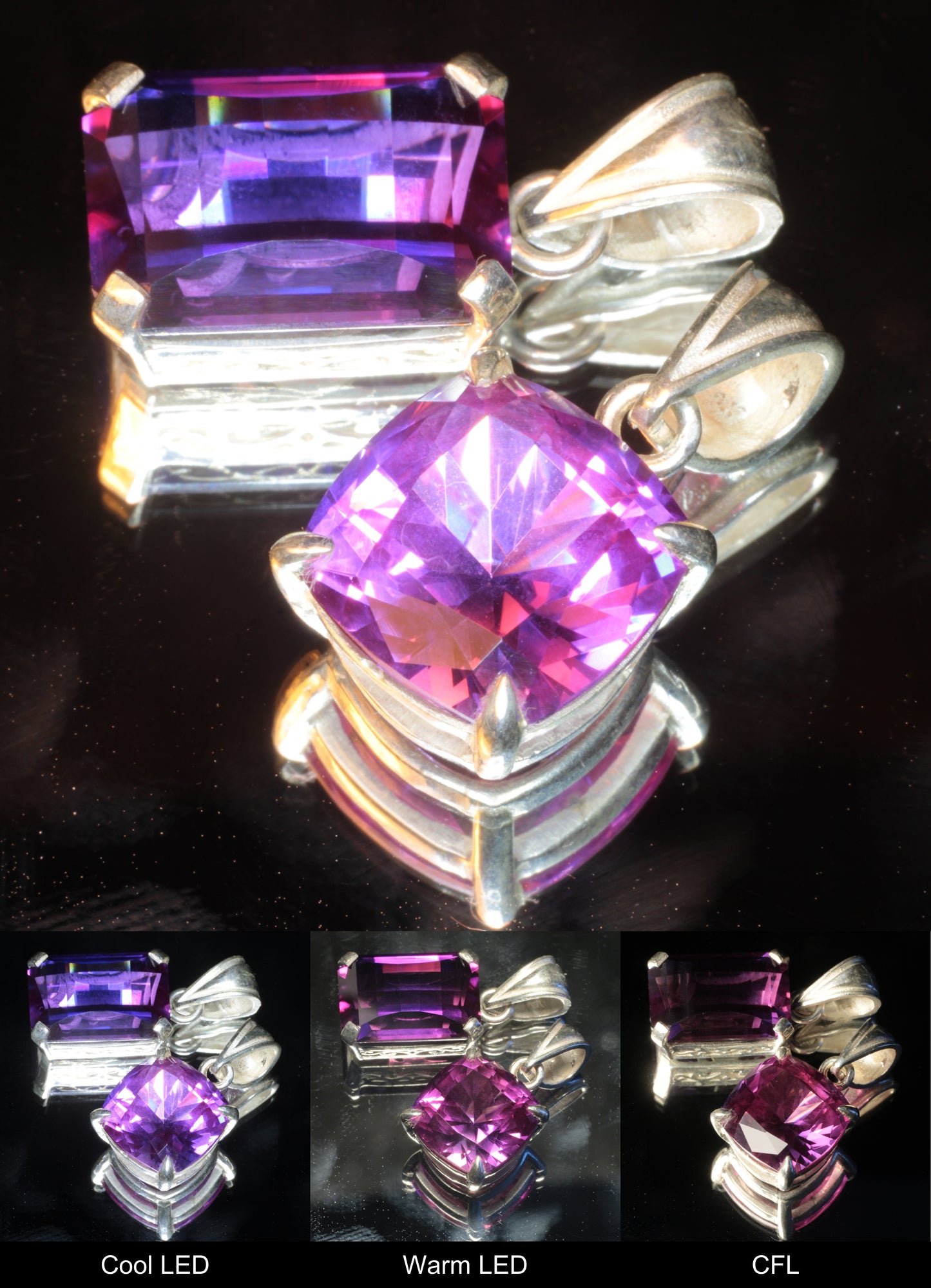 Two Purple Sapphire Pendants, Pixel Cut at top and square cushion cut at the bottom on a black background
