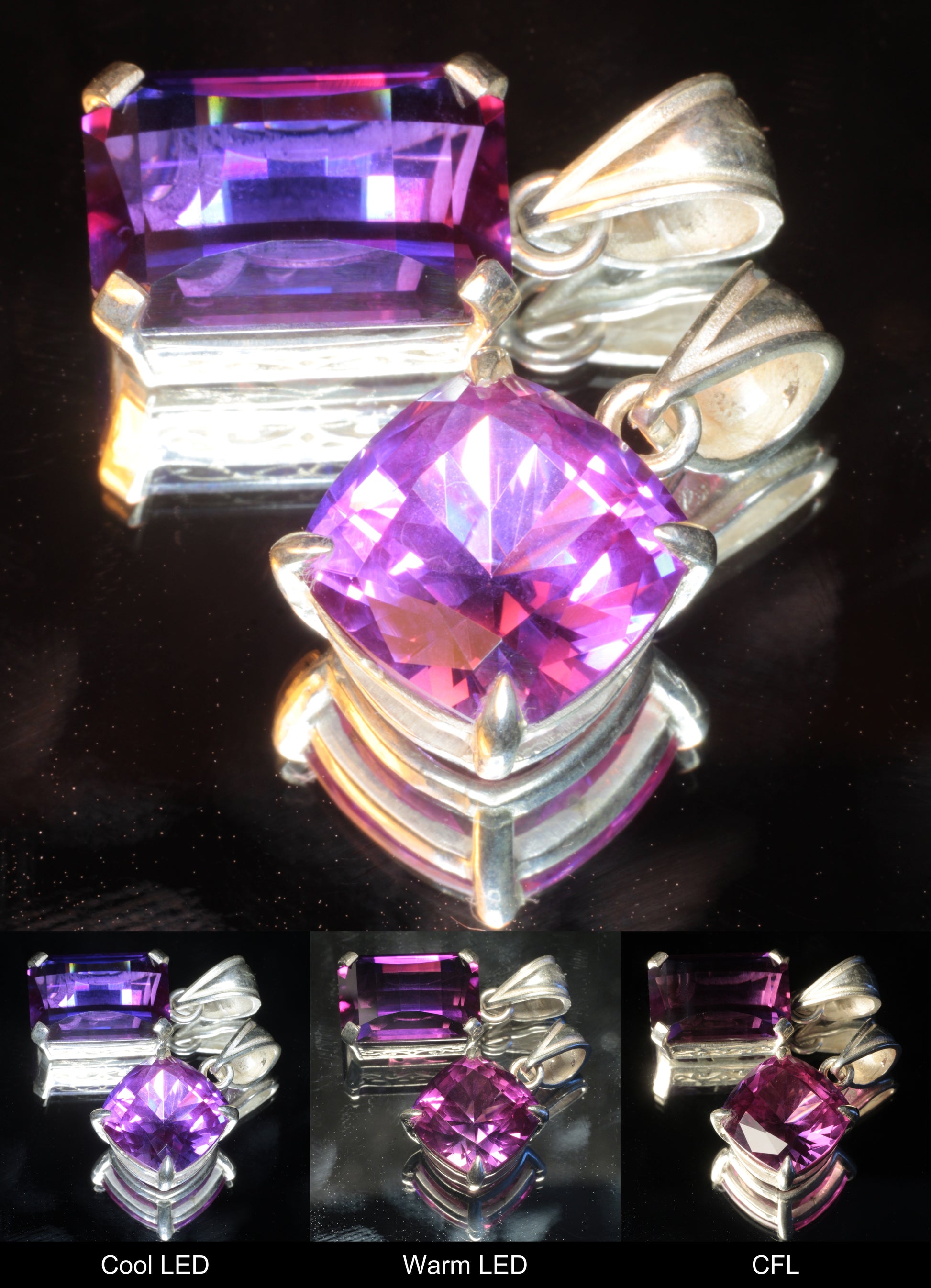 Two Purple Sapphire Pendants, Pixel Cut at top and square cushion cut at the bottom on a black background