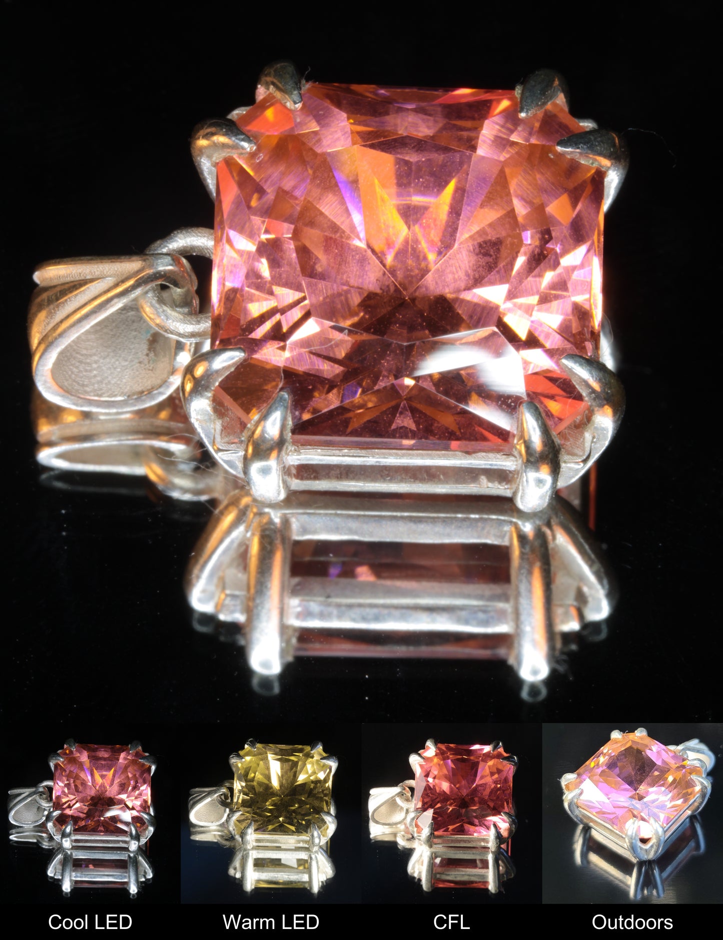Faceted Er:YAG Square Pendant Showing Color Change Under Different Lighting Conditions
