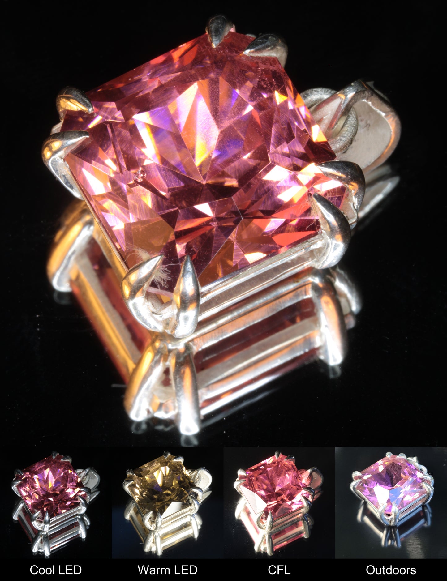 Faceted Er:YAG Square Pendant (chipped face) Showing Color Change Under Different Lighting Conditions