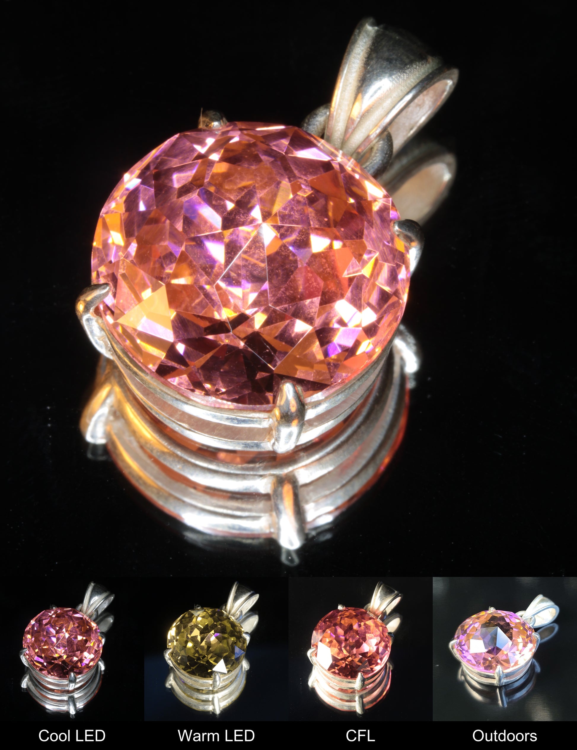 Faceted Er:YAG Round Pendant Showing Color Change Under Different Lighting Conditions