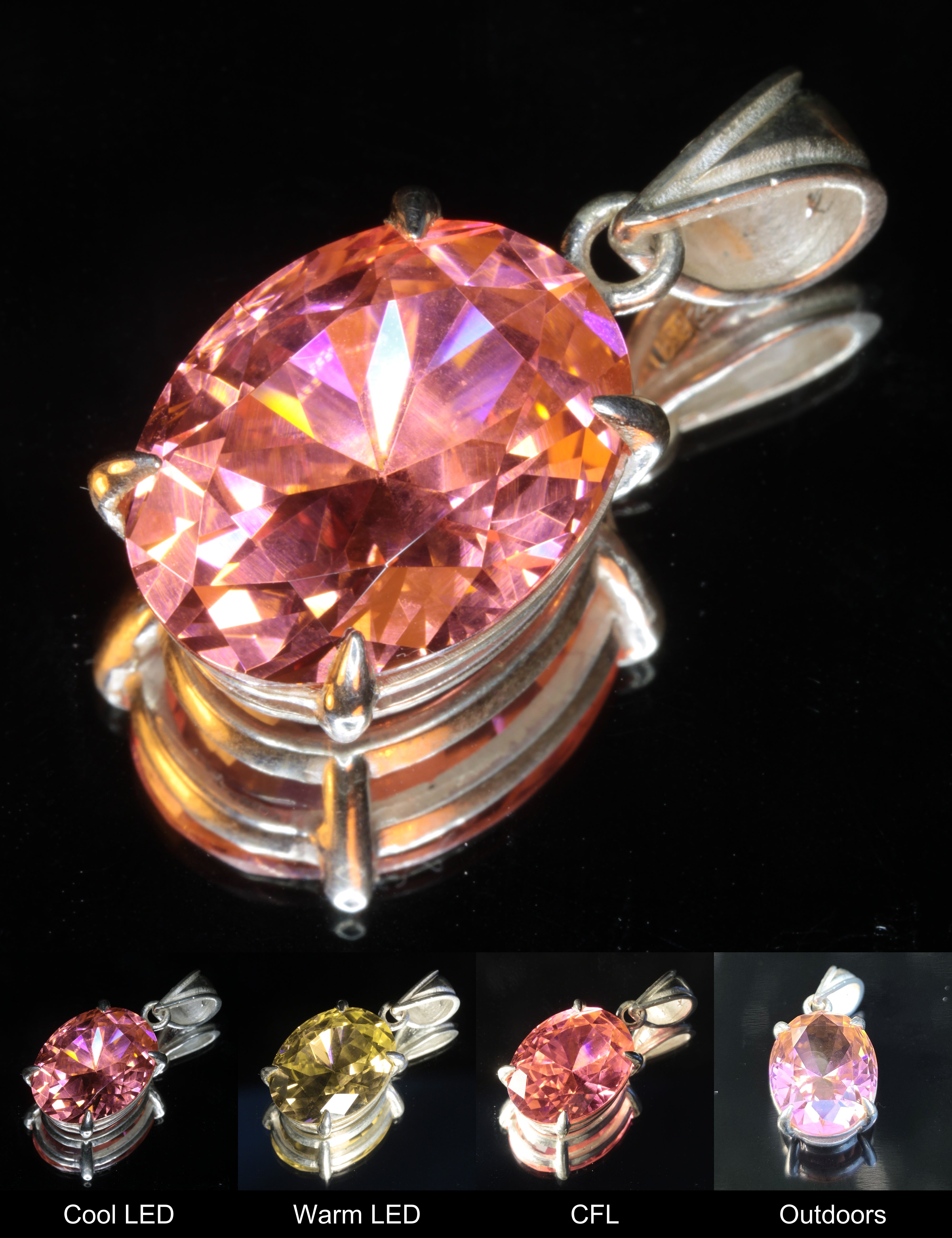 Faceted Er:YAG Oval Pendant Showing Color Change Under Different Lighting Conditions