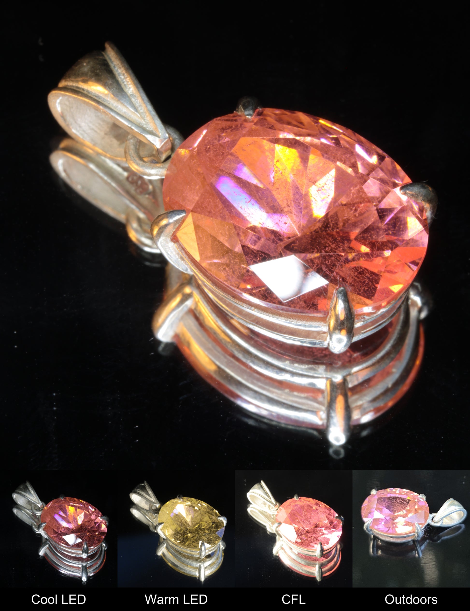 Faceted Er:YAG Veiled Oval Pendant Showing Color Change Under Different Lighting Conditions
