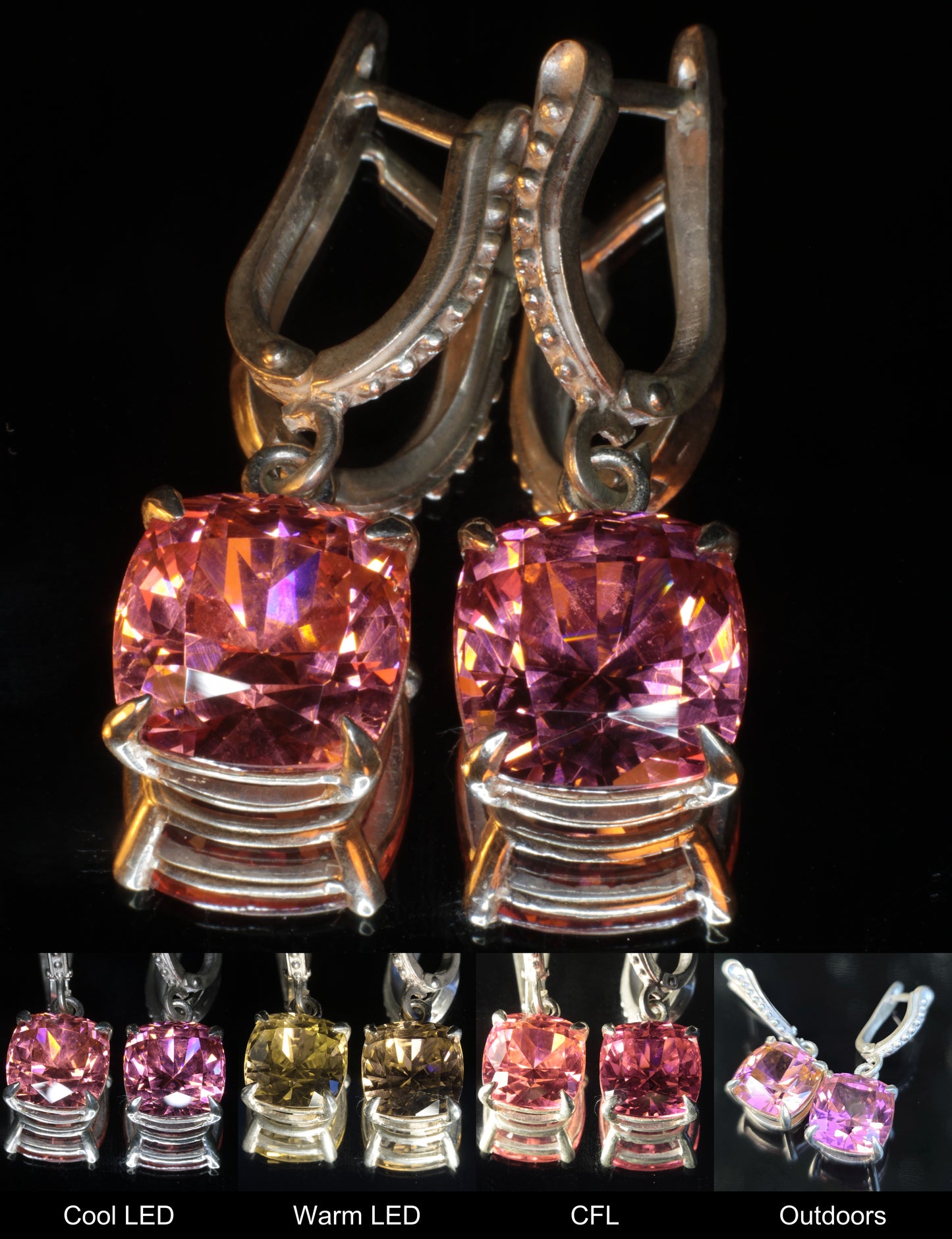 Faceted Er:YAG Cushion Earrings Showing Color Change Under Different Lighting Conditions