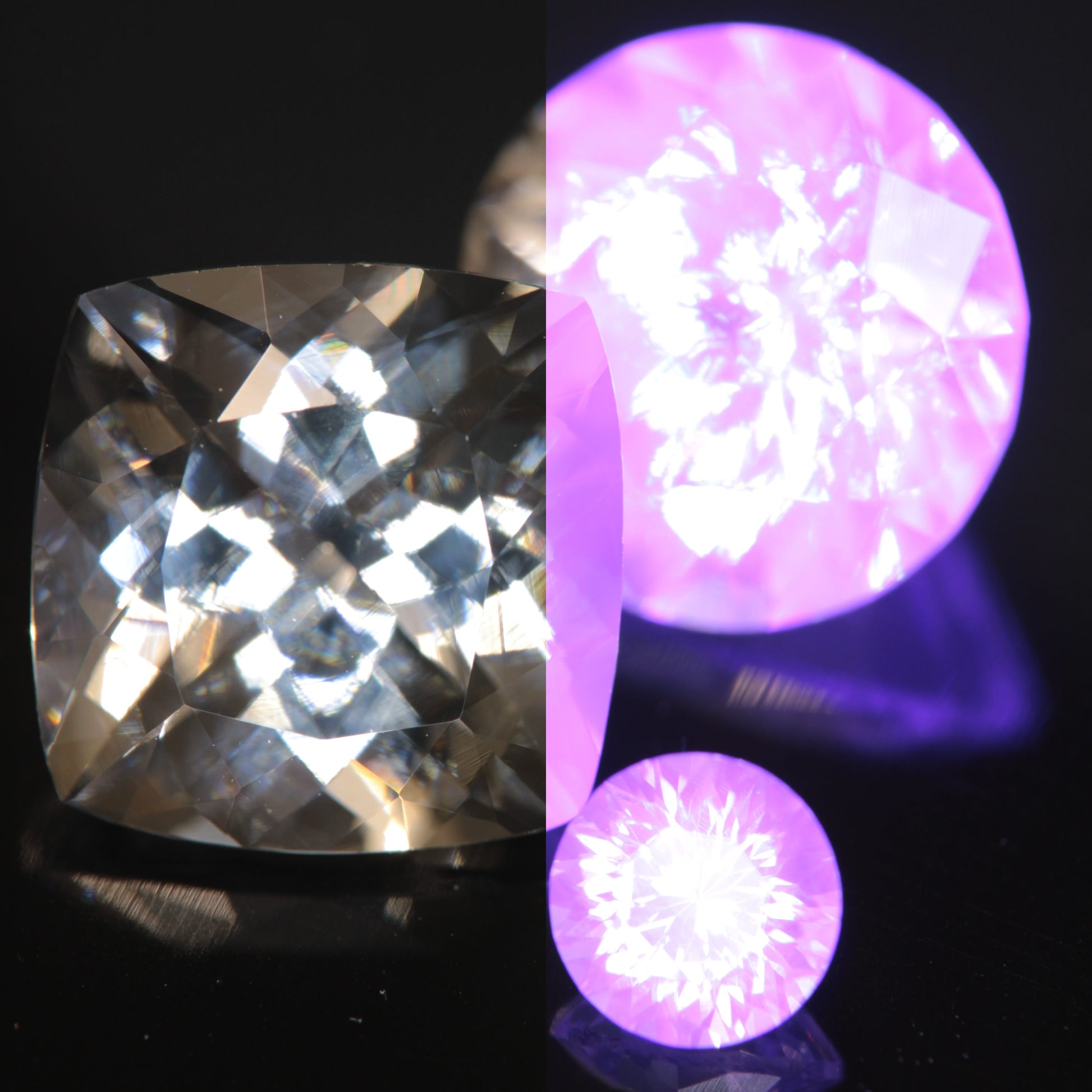 Faceted Phantom YAG showing normal light and fluorescence under 365nm UV