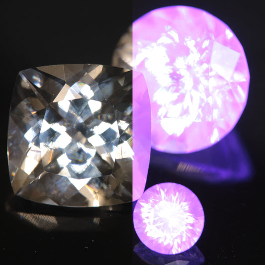 Faceted Phantom YAG showing normal light and fluorescence under 365nm UV