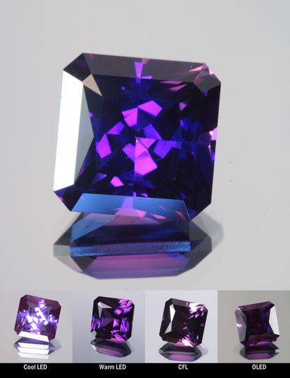 Faceted Color Change Sapphire Square Cut Stone, showing different color changes under Cool LED, Warm LED, CFL, and OLED lighting