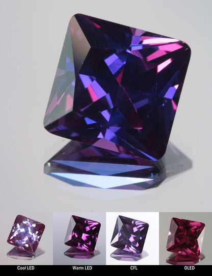 Faceted Color Change Sapphire Square Cut Stone, showing different color changes under Cool LED, Warm LED, CFL, and OLED lighting