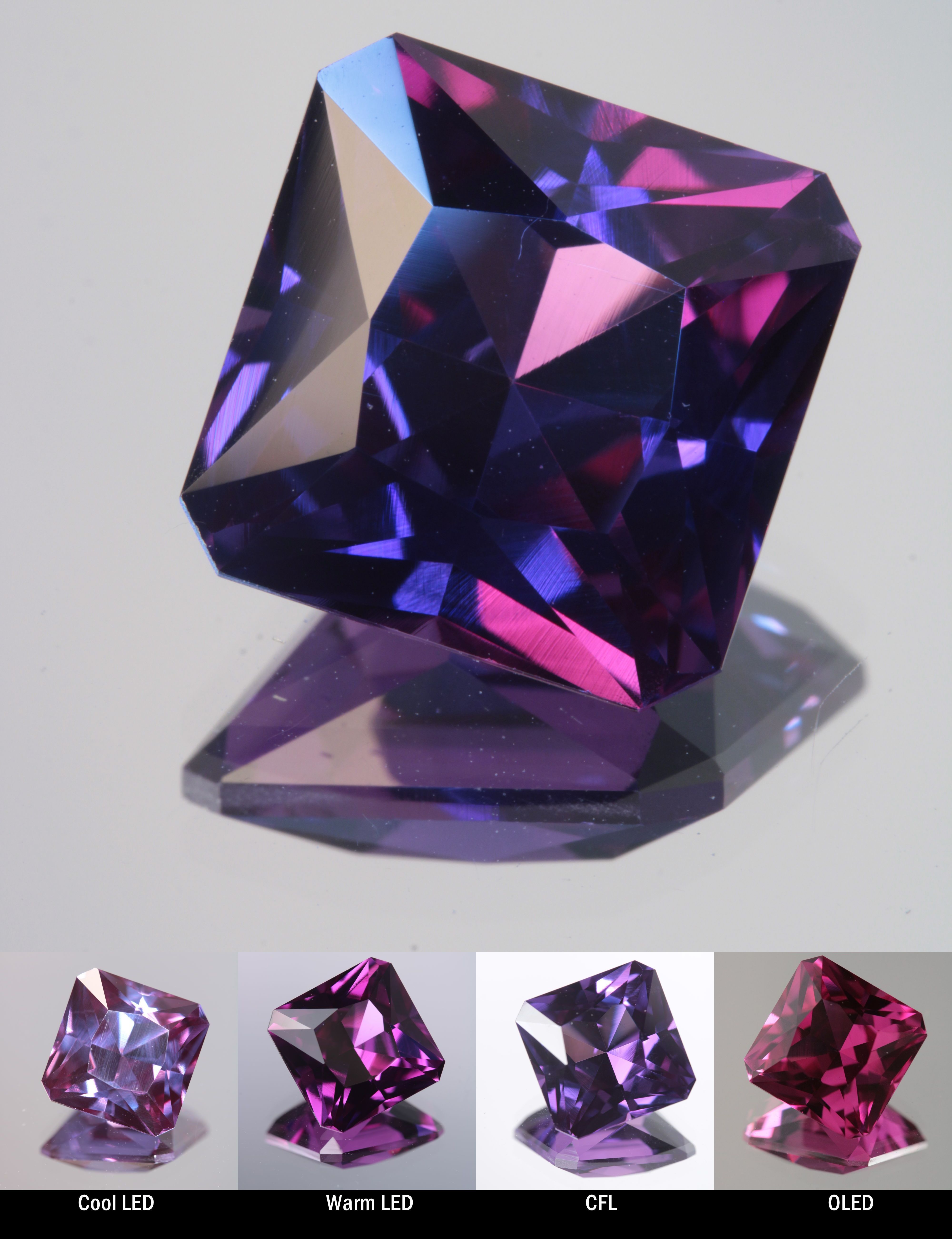 Faceted Color Change Sapphire Clipped Square Cut Stone, showing different color changes under Cool LED, Warm LED, CFL, and OLED lighting