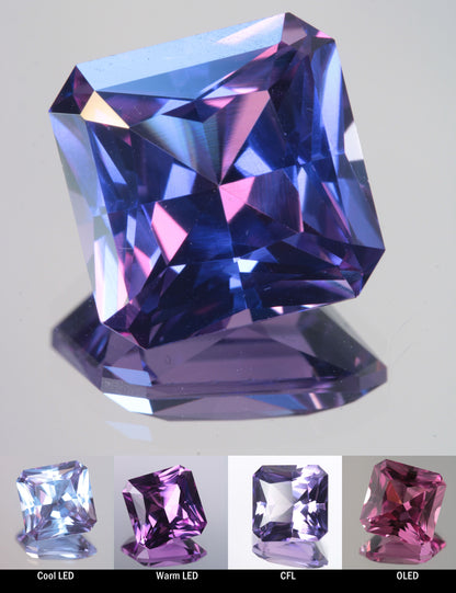 Faceted Color Change Sapphire Square Cut Stone, showing different color changes under Cool LED, Warm LED, CFL, and OLED lighting