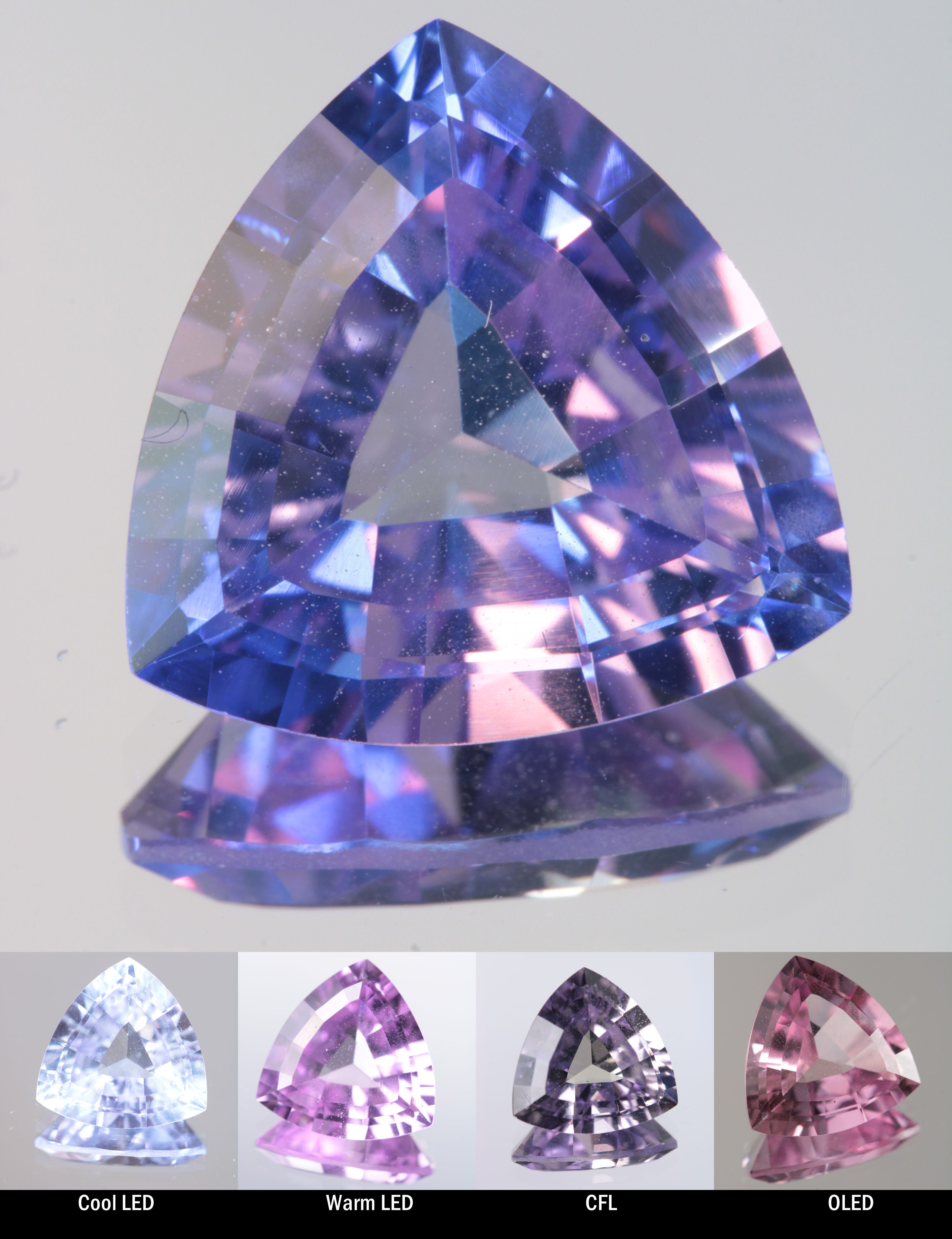 Faceted Color Change Sapphire Trillion Cut Stone, showing different color changes under Cool LED, Warm LED, CFL, and OLED lighting