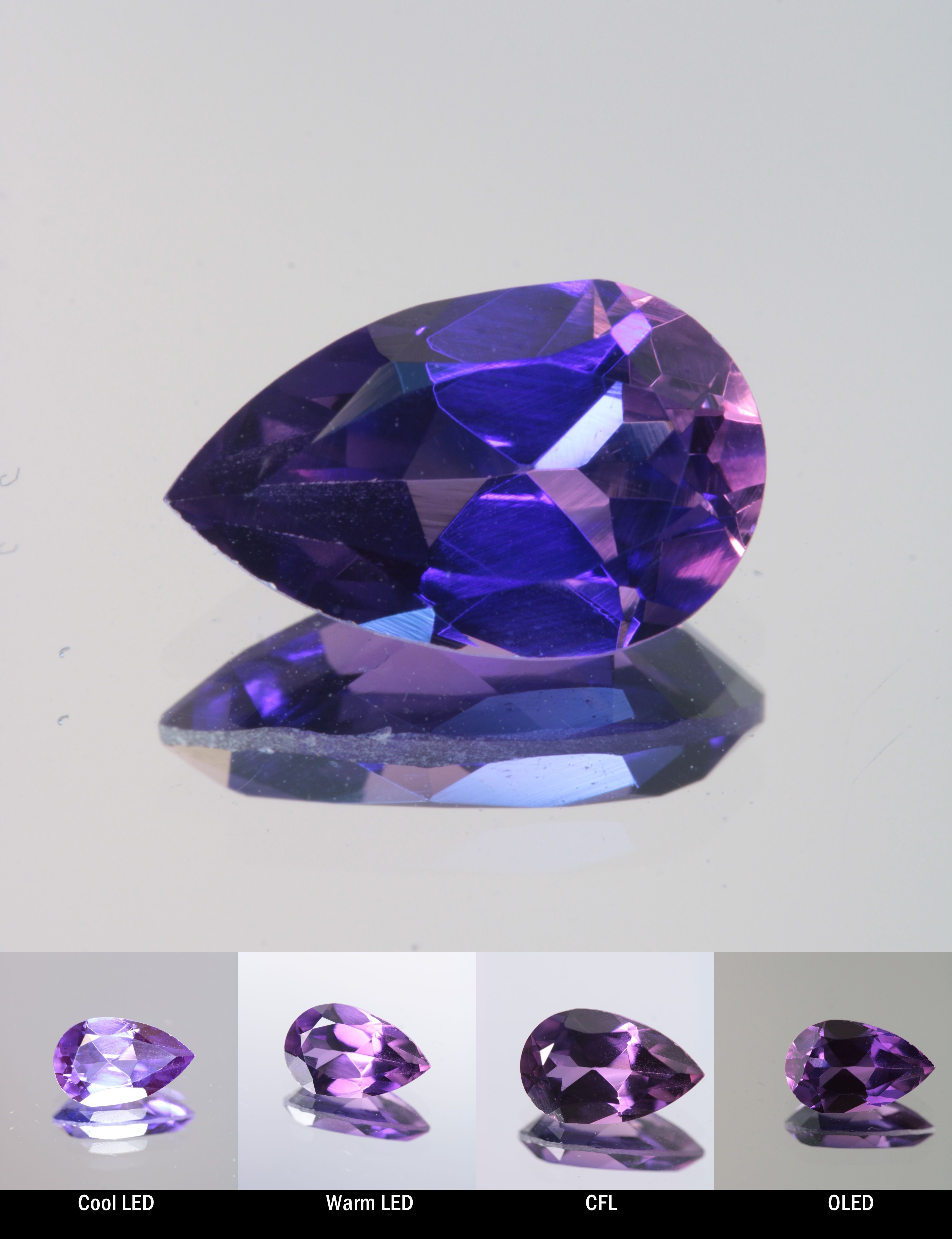 Faceted Color Change Sapphire Pear Cut Stone, showing different color changes under Cool LED, Warm LED, CFL, and OLED lighting