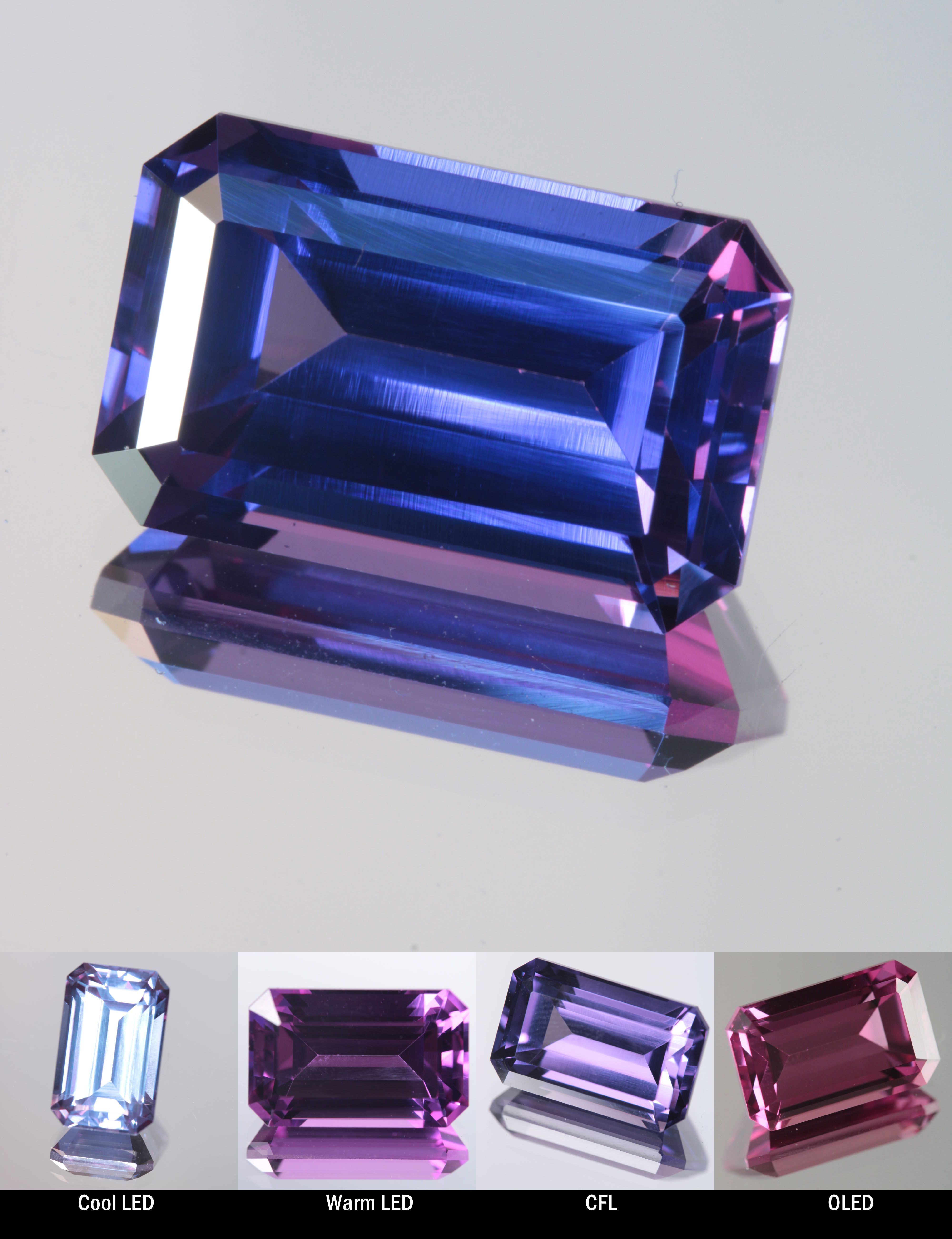 Faceted Color Change Sapphire Rectangle Cut Stone, showing different color changes under Cool LED, Warm LED, CFL, and OLED lighting