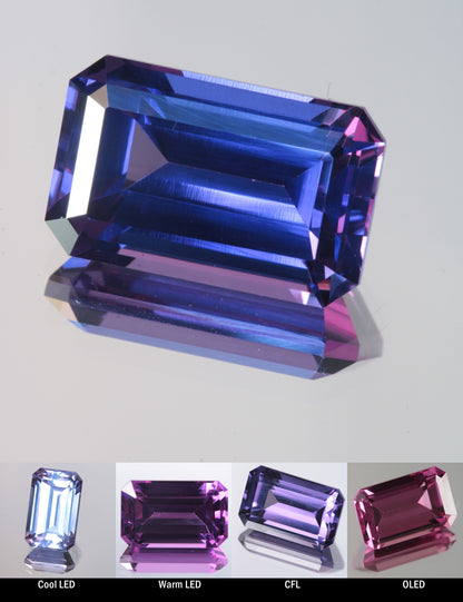 Faceted Color Change Sapphire Rectangle Cut Stone, showing different color changes under Cool LED, Warm LED, CFL, and OLED lighting